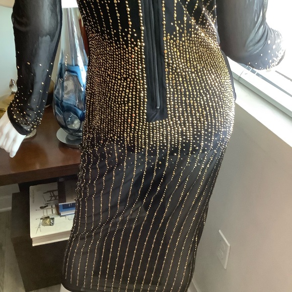 Sheer Gold-Beaded Long-Sleeve Midi Dress - Picture 9 of 10
